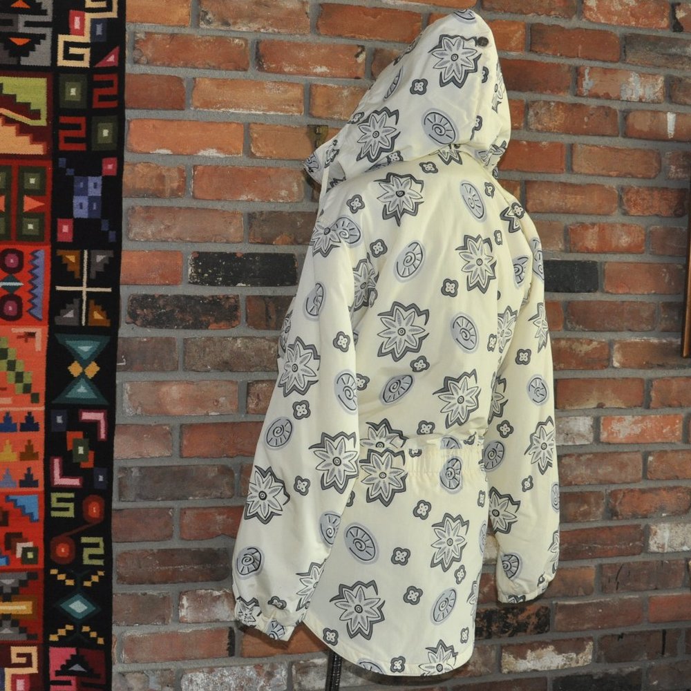Vtg L.L. Bean Cream Light Yellow Flower Insulated Pull-Over Hooded Jacket Coat S